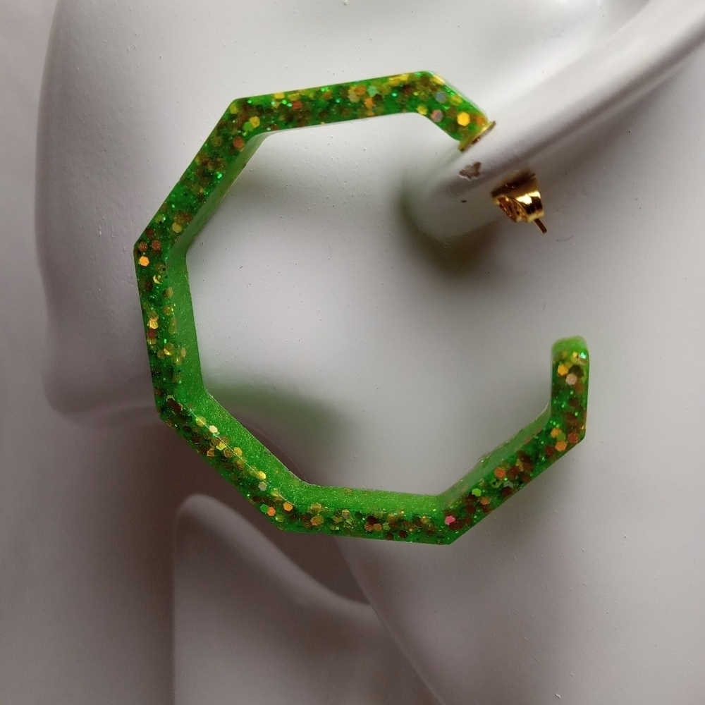 Green Glitter Hoop Earrings - Picture 2 of 6